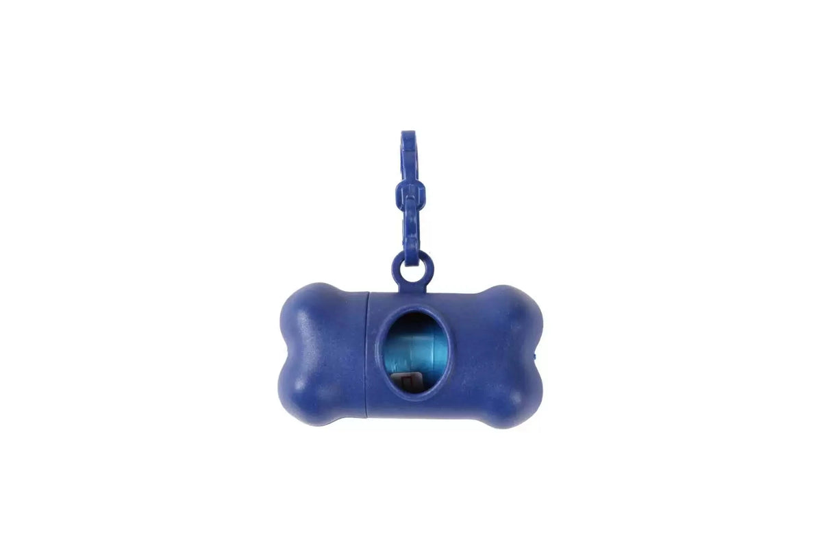 Dispenser portátil de bolsas para mascotas en forma de hueso azul con clip de remolque.