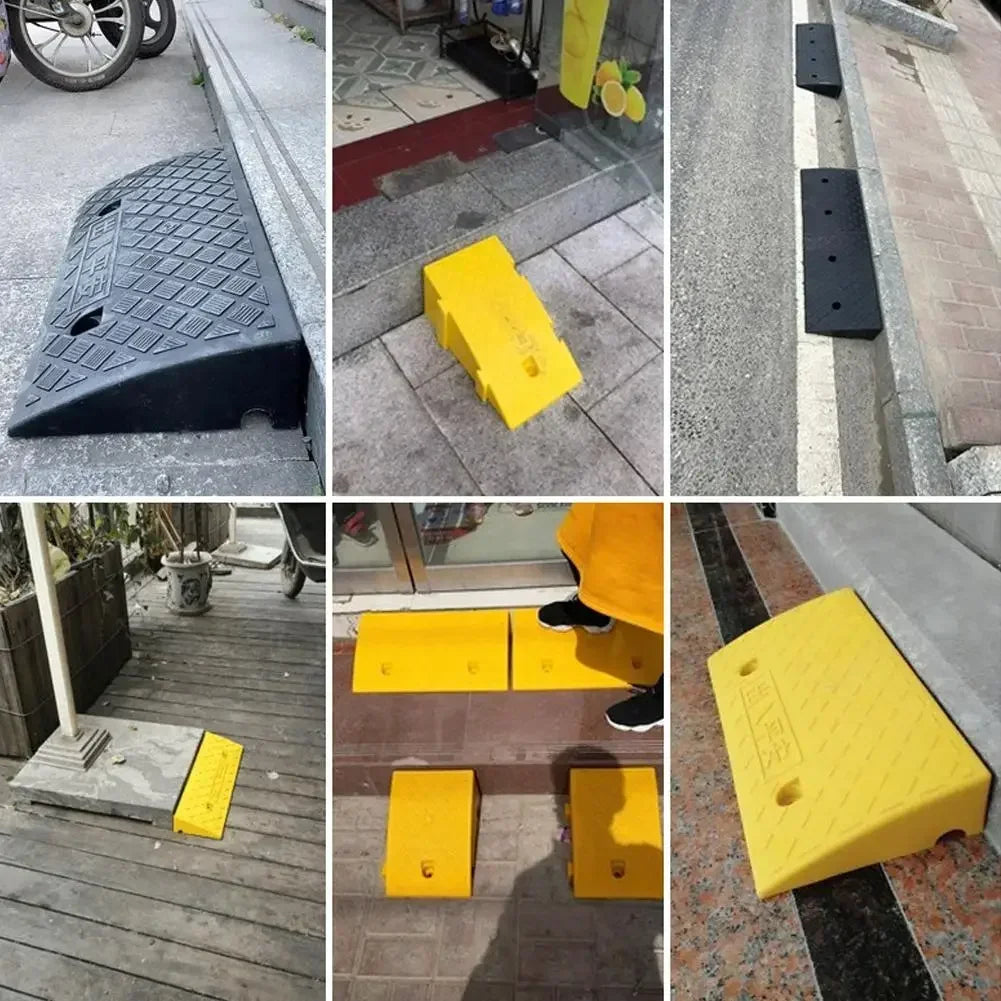 Yellow portable driveway ramp used for vehicle access and parking.