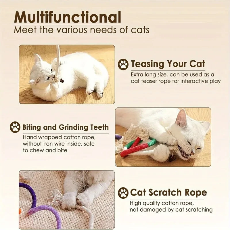 Eine weiße Katze interagiert mit einem multifunktionalen Katzenspielzeug aus Seil, zum Zeigen und Kratzen.