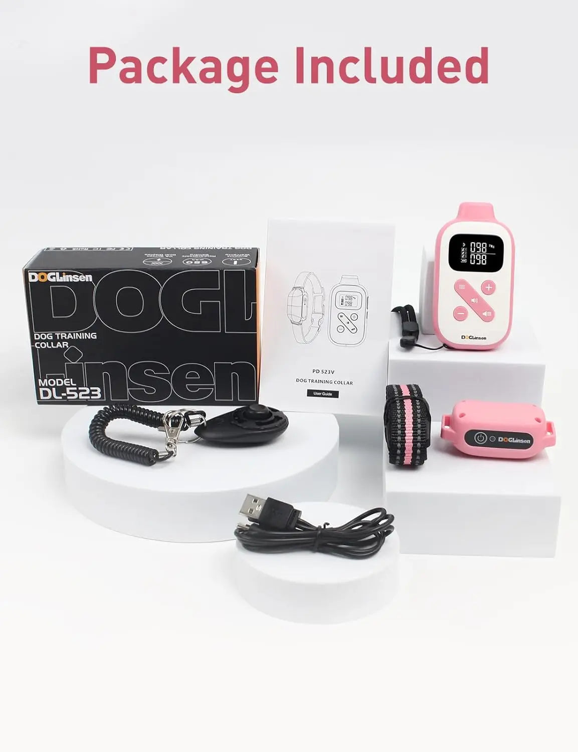 A package includes a DogLINsen training collar, a remote, and accessories for dog training.