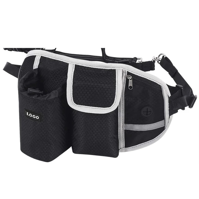 Black hands-free dog walking belt with storage pockets and bungee leash