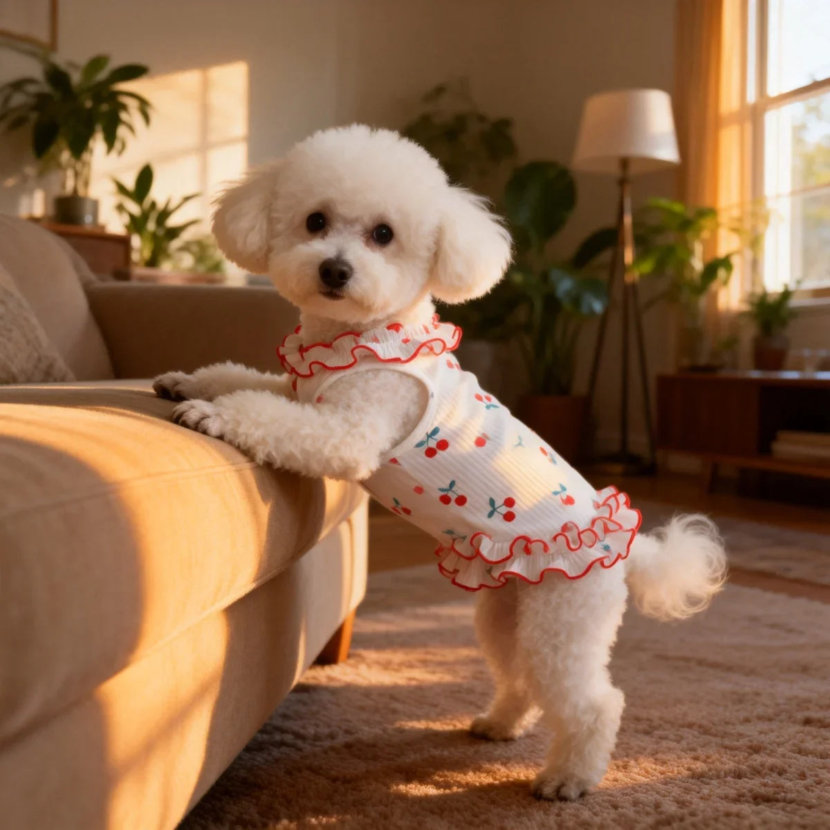 A fluffy white dog wearing a red and white cherry ruffle pet dress sits on a sofa in a sunlit living room.