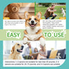 A dog smiling while holding a tin of mint dental care powder for dogs and cats.