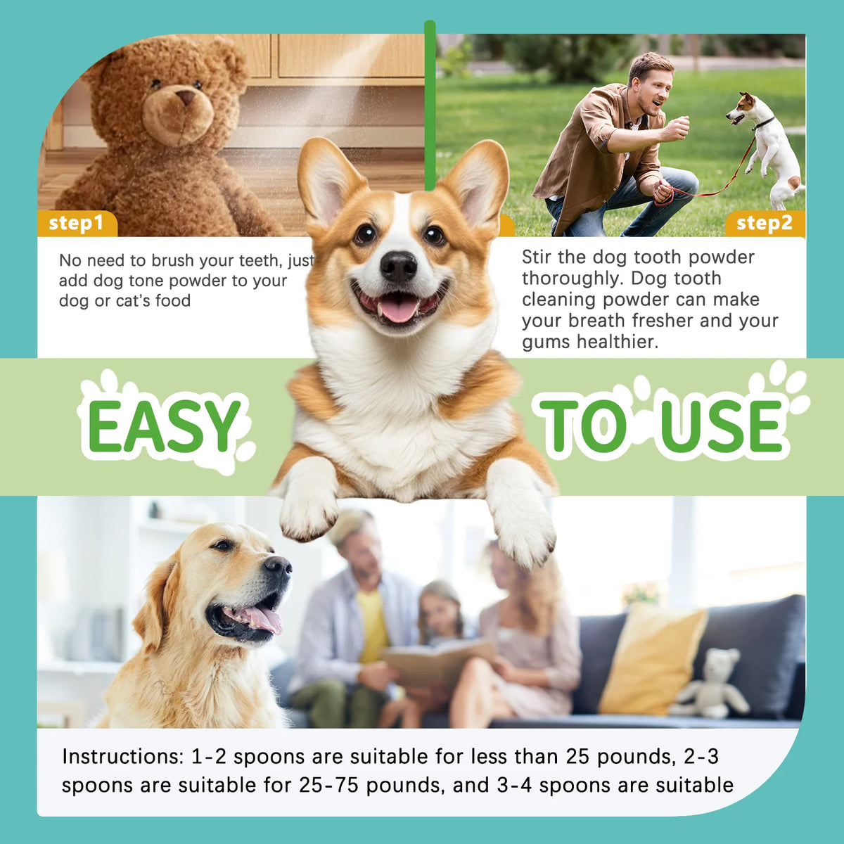 A dog smiling while holding a tin of mint dental care powder for dogs and cats.