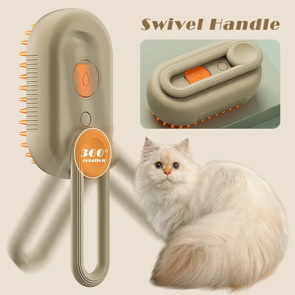 A light beige swivel handle pet grooming brush with a silicone bristles and steam spray attachment shown next to a fluffy whi