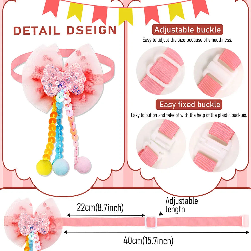 Pink lace bowtie collar accessories for small dogs and cats with adjustable and fixed buckles