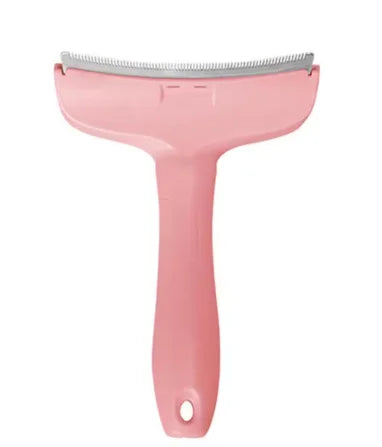 A pink pet slicker brush tool with a metal comb for deshedding dogs and cats.