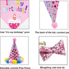 A set of pet birthday outfits featuring a pink hat with a birthday print, colorful pom-poms, and a pink glitter bow tie.