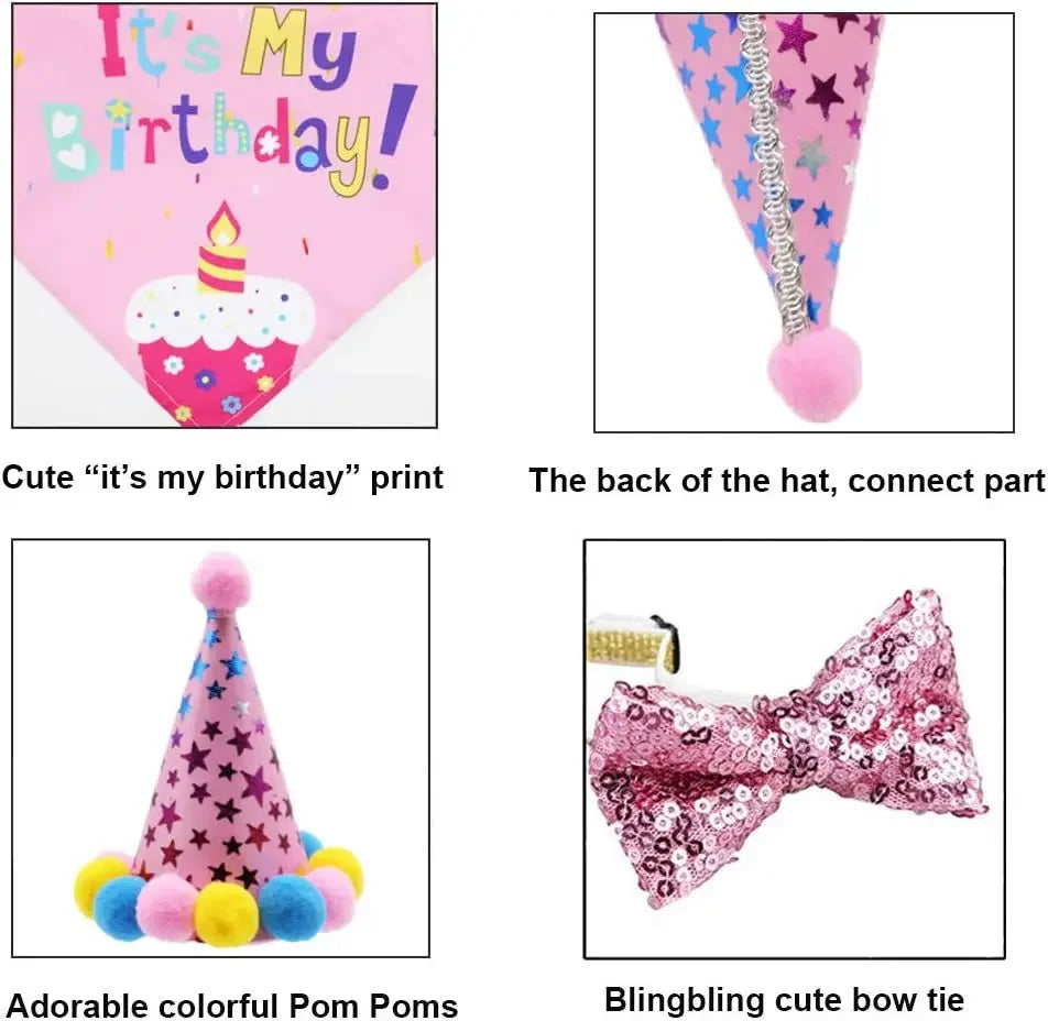 A set of pet birthday outfits featuring a pink hat with a birthday print, colorful pom-poms, and a pink glitter bow tie.