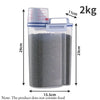 A clear airtight pet food storage container with a measuring cup and various size markings.
