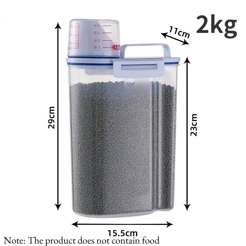 A clear airtight pet food storage container with a measuring cup and various size markings.