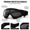 A black pair of premium protective goggles with soft foam padding and an adjustable strap for outdoor safety.