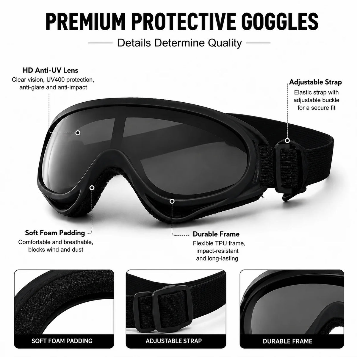 A black pair of premium protective goggles with soft foam padding and an adjustable strap for outdoor safety.