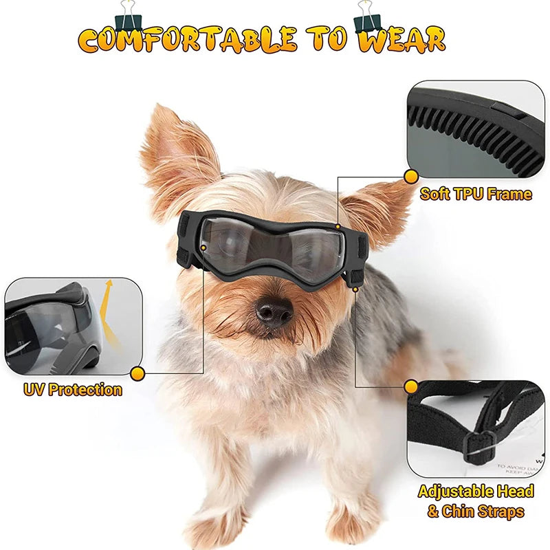 Ein kleiner Hund trägt schwarze Sonnenbrille mit weichem TPU-Rahmen und verstellbaren Gurten für UV-Schutz.