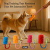 A dog is interacting with a colorful tear resistant toy, showing various plush pull rope options.