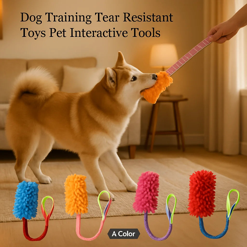 A dog is interacting with a colorful tear resistant toy, showing various plush pull rope options.
