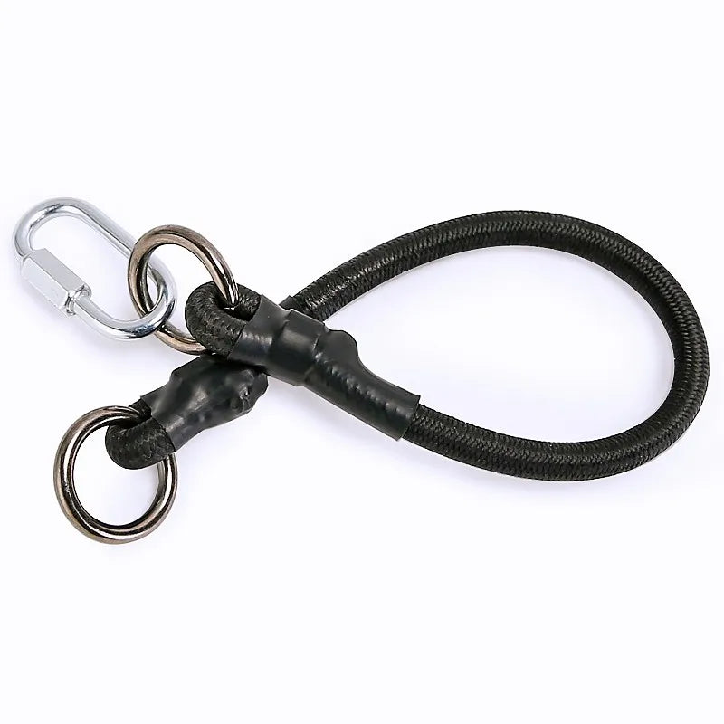Black nylon quick-release dog leash with an elastic extension and metal clasps