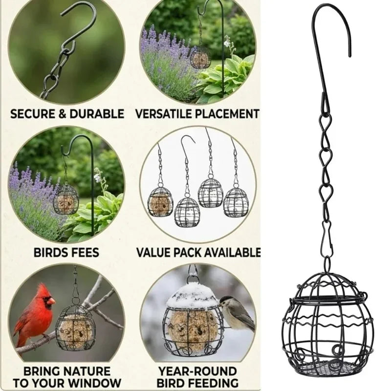 Various views of a decorative hanging metal bird feeder for garden and patio use.