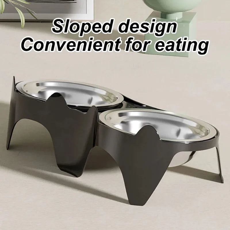 A black stainless steel double pet bowl with an anti-tip design shown on a light surface.