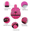 Pink adjustable dog life jacket showing various features like removable chin, arc design, bat wing, and strong back handle.