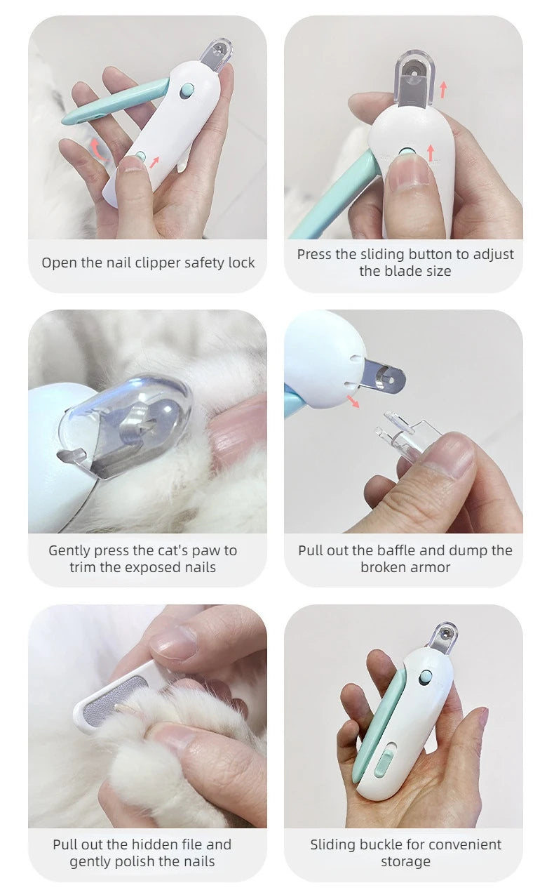 A set of professional pet nail clippers used for grooming cats and dogs, showing various functions like adjusting blade size 
