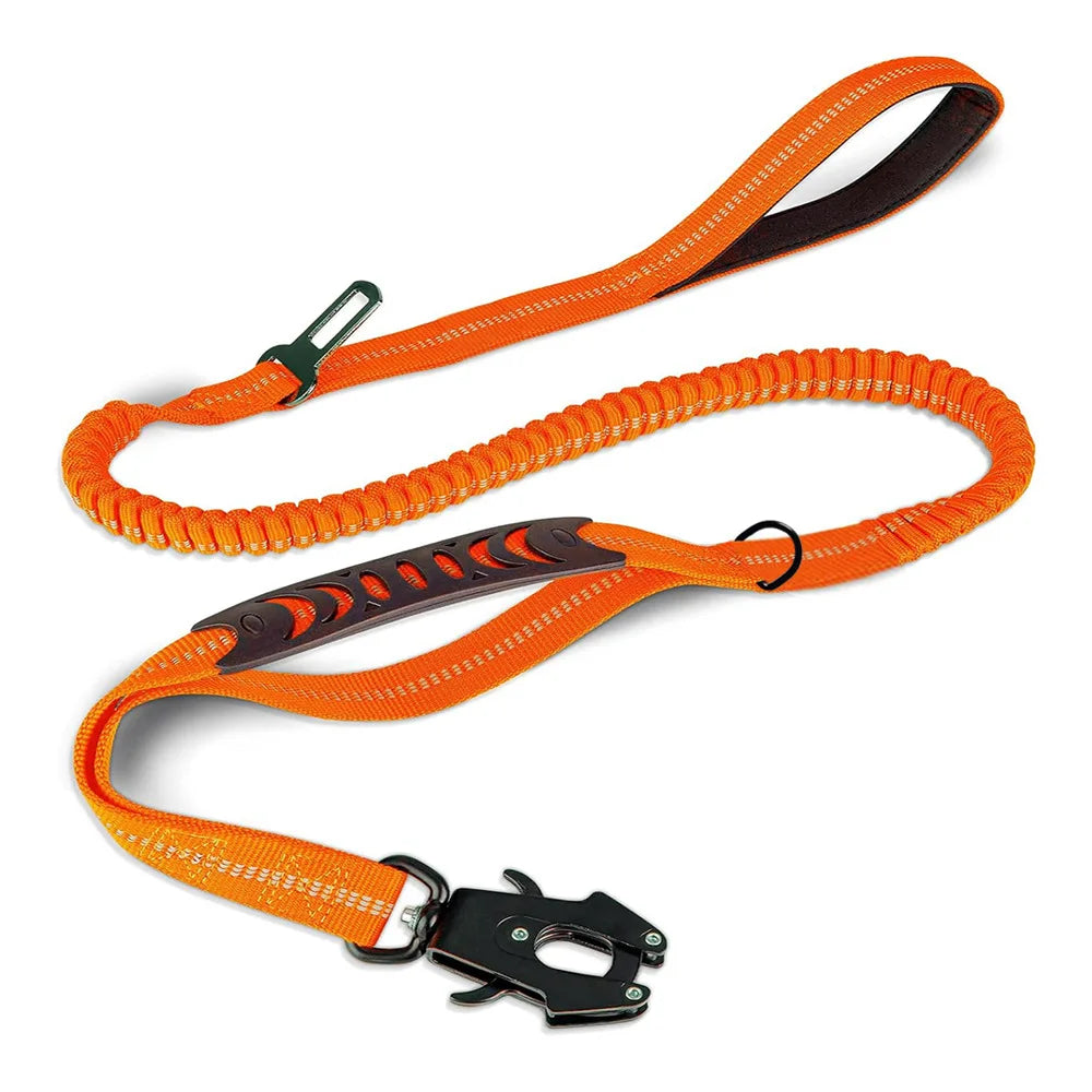 Orange tactical dog leash for large breeds with a black buckle and orange webbing.