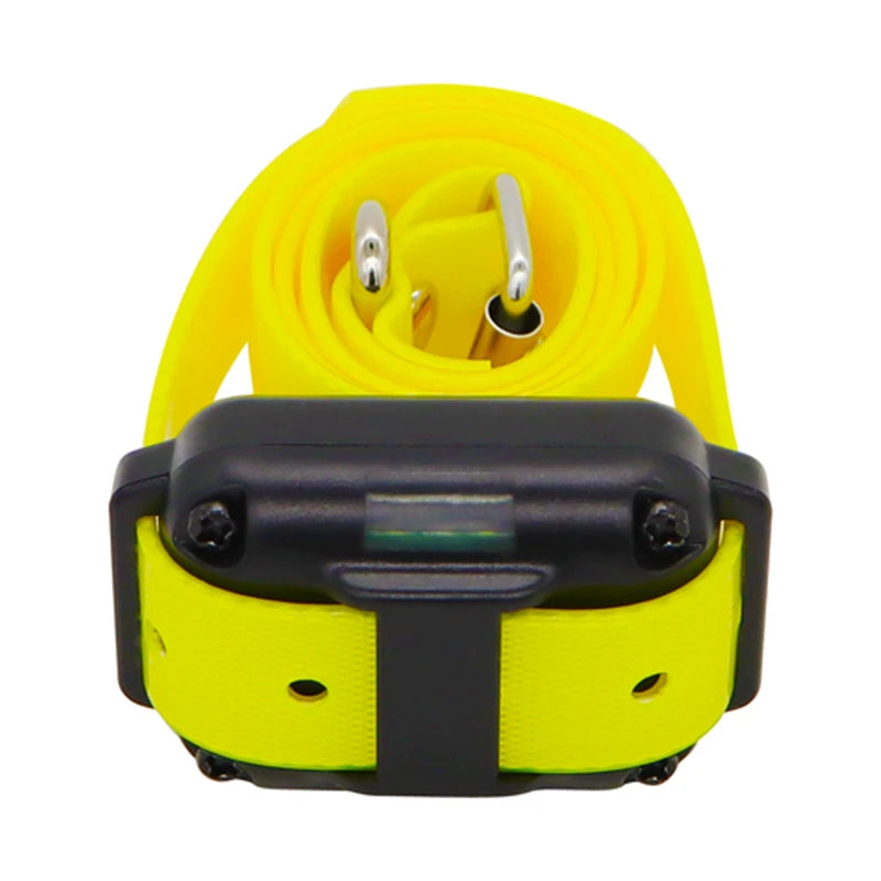 Yellow and black rechargeable dog training collar with a remote control visible.
