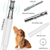 A white ultrasonic dog whistle with a silver pitch rod and an ABS dust cover shown next to a dog.