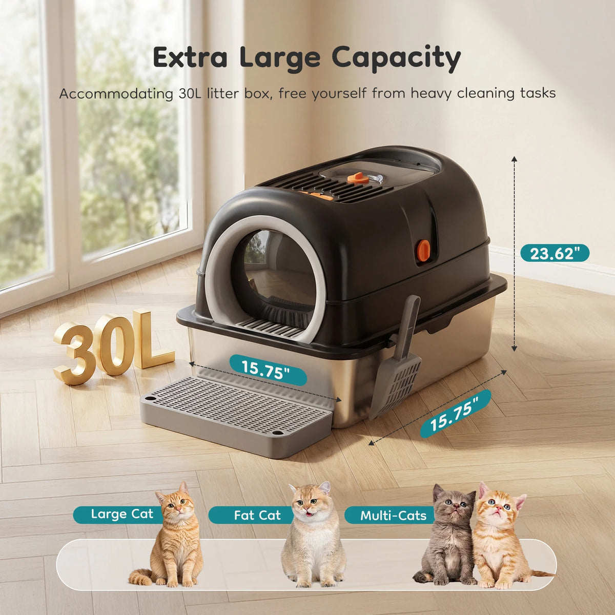 Caja de arena para gatos de acero inoxidable negro cerrada con bandeja extraíble y gran capacidad para tareas de limpieza.