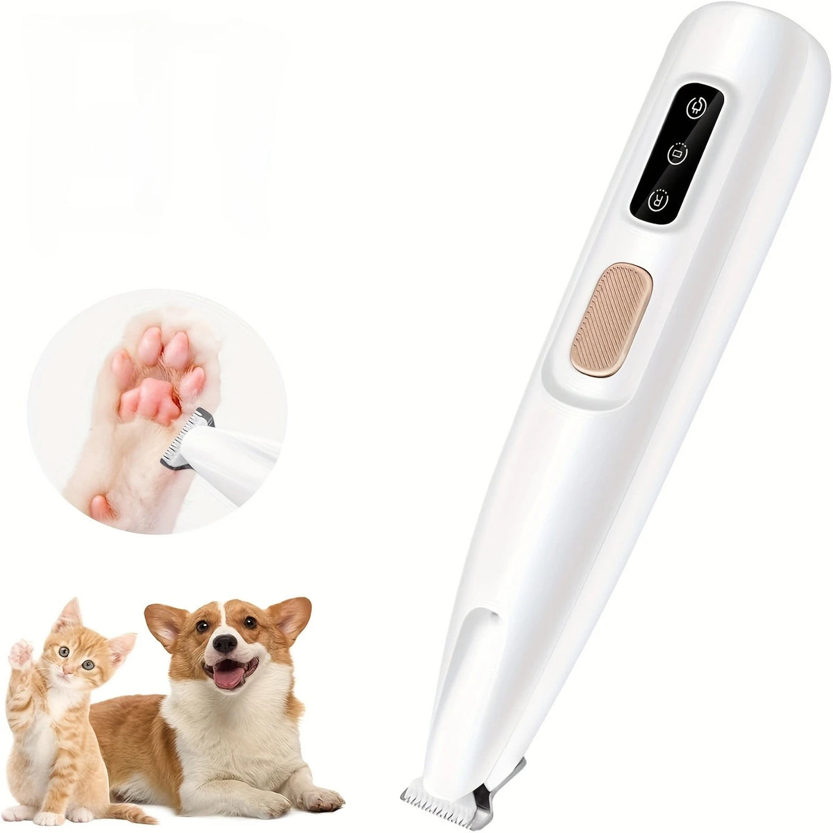 A white cordless pet grooming trimmer is shown next to a small kitten and a dog.