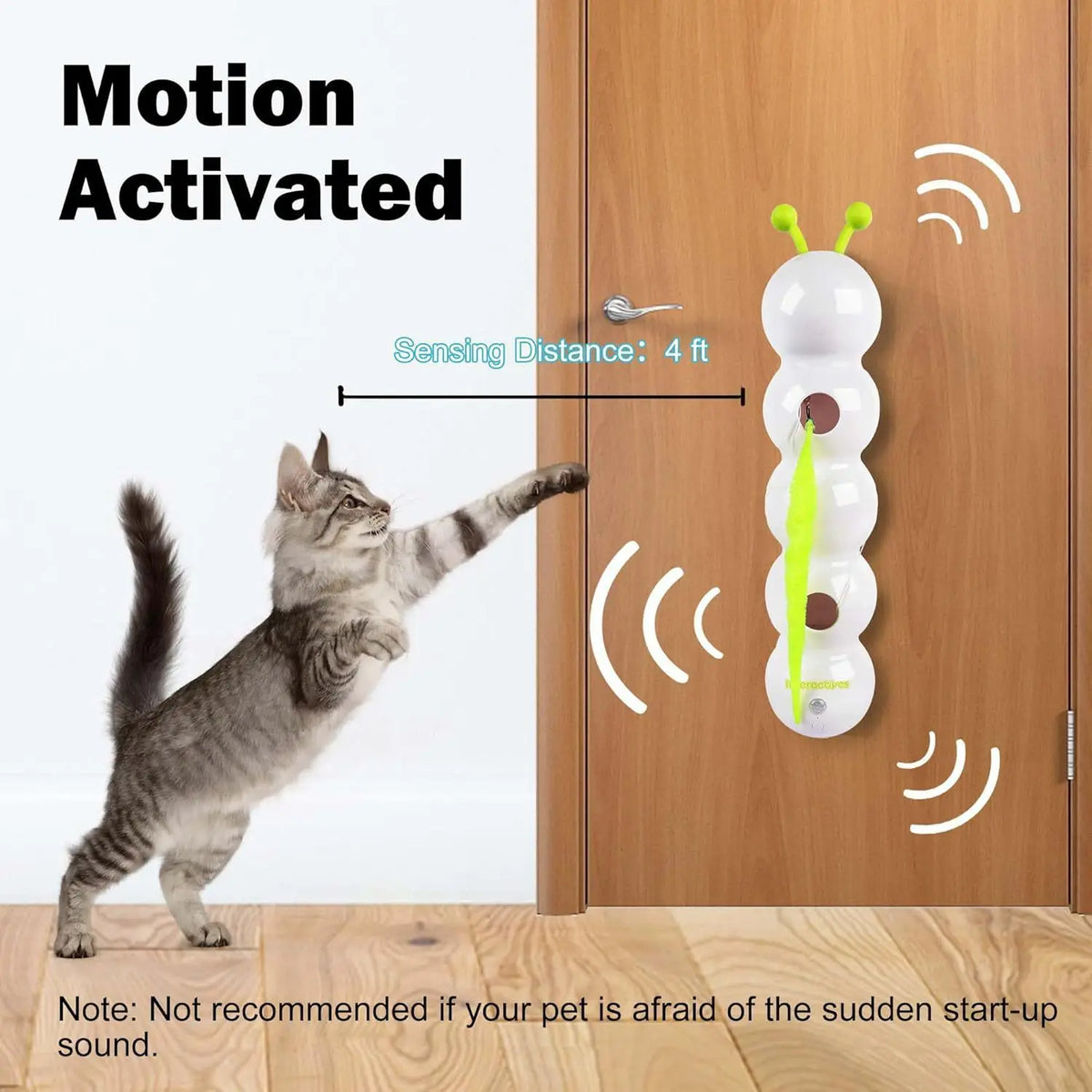 Eine Katze interagiert mit einem bewegungsgesteuerten Napf für Haustiere, der an einer Holztür montiert ist.