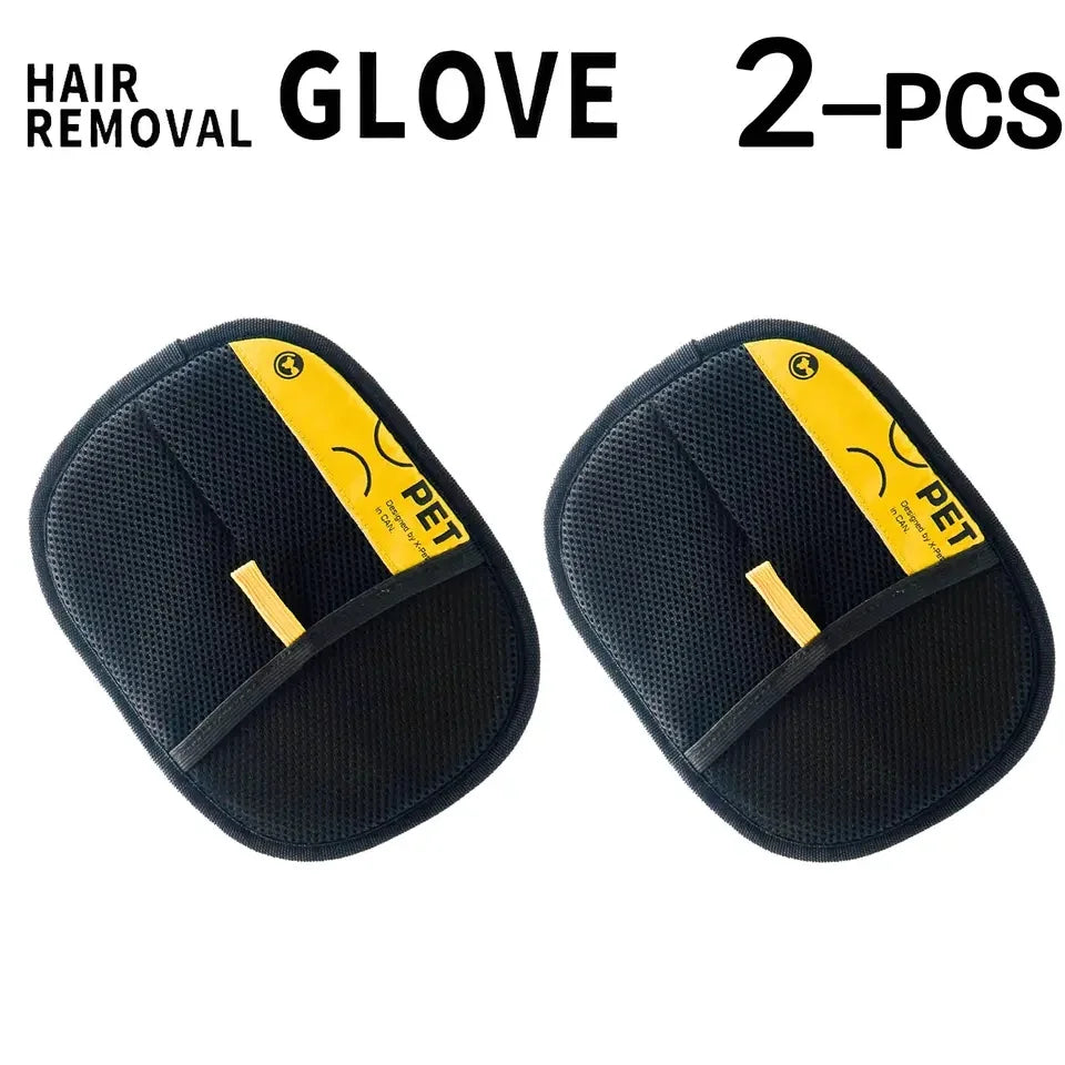 Two black electrostatic gloves with yellow accents for pet hair removal