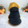 A black dog hoodie with a golden fur hood resting on a white surface.