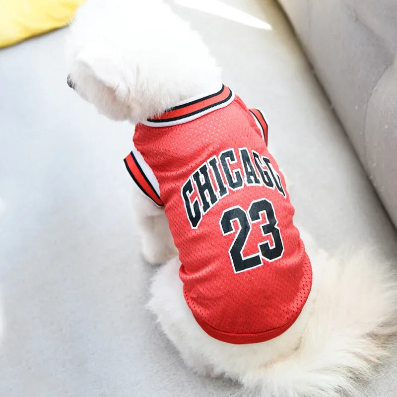 Ein weißer Hund trägt eine rote Chicago Cubs-Thematische Pet-West mit der Nummer 23.