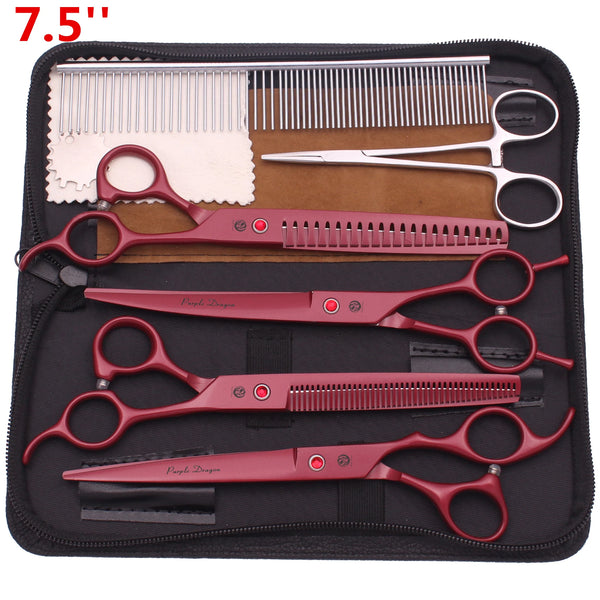 A black case containing a set of professional stainless steel pet grooming scissors and clippers.