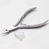 A pair of silver precision stainless steel cuticle nippers for nail care lying on a white surface.