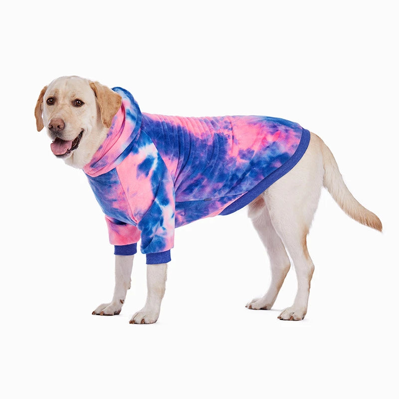 A light-colored dog wearing a tie-dye fleece hoodie with pink and blue patterns.