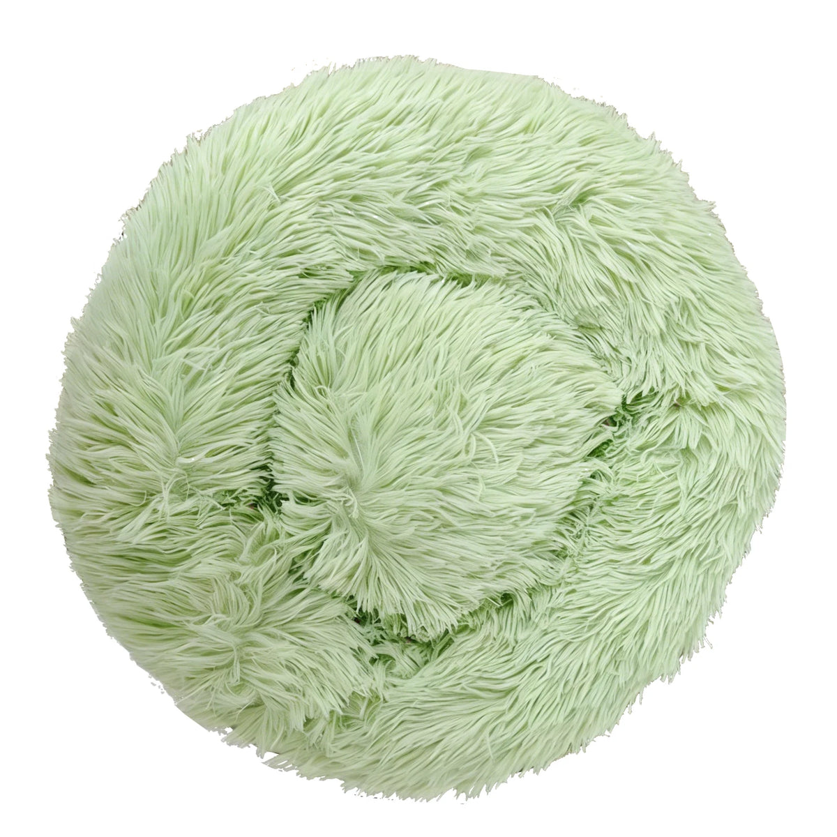 A round, light green plush pet bed with a textured, fluffy cover.