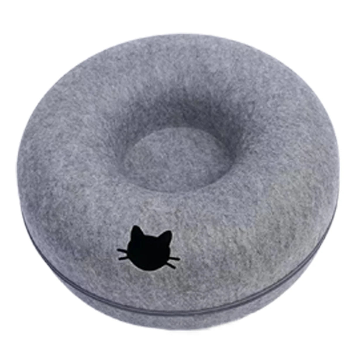 A round, gray felt cat bed with a black silhouette of a cat on the top surface.