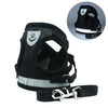 Black mesh dog vest harness and leash set with silver accents shown in a full view and detail circle.