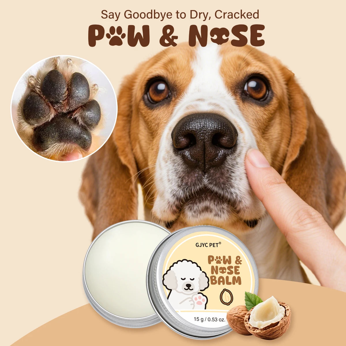 A dog's face and paw with a hand applying Paw & Nose Balm, next to the product jar.