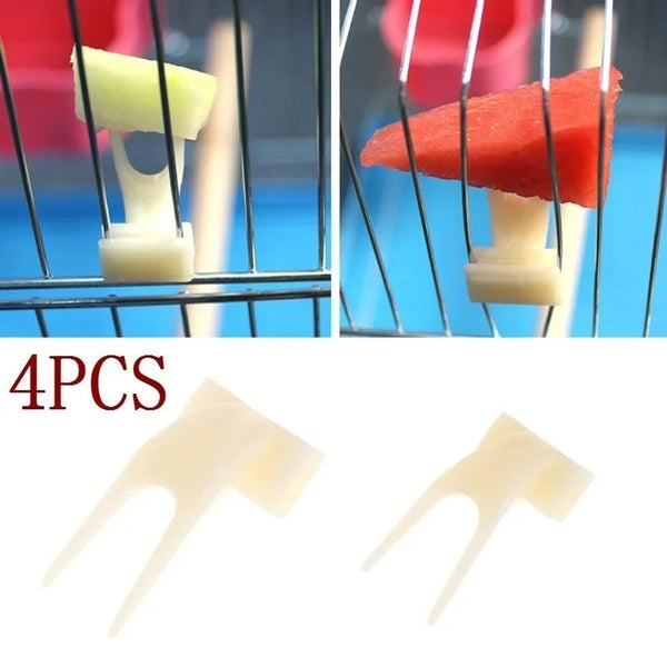 A set of four plastic fruit forks used for bird feeding, shown in detail and in use.