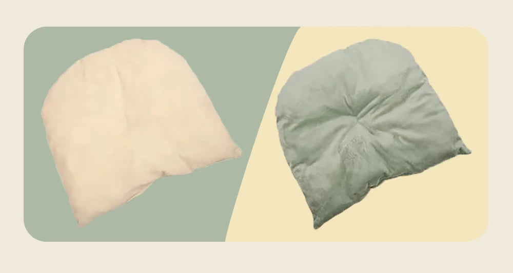 A light pink, fluffy pet tent bed for cats and small dogs shown in two shades of beige and sage green.