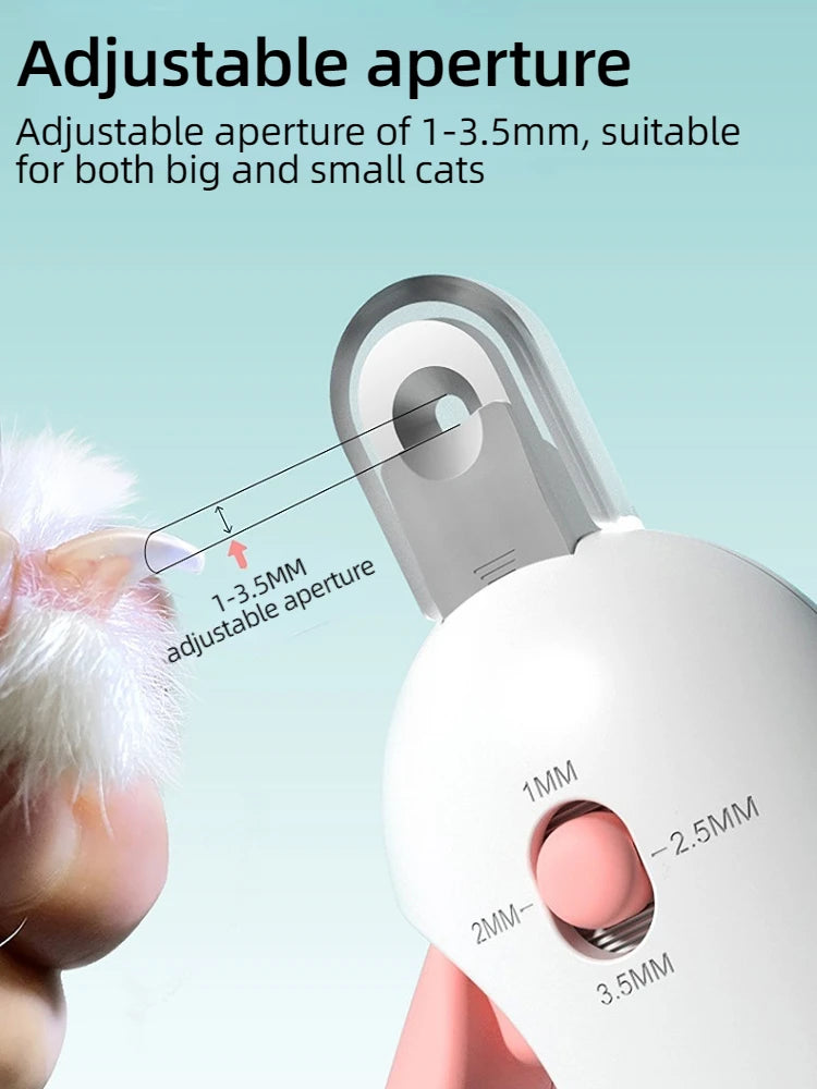 Close-up of an adjustable aperture on a white pet nail clipper, showing the 1-3.5mm adjustable opening.