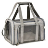 A gray breathable pet carrier backpack with padded straps and a mesh window for small dogs and cats.