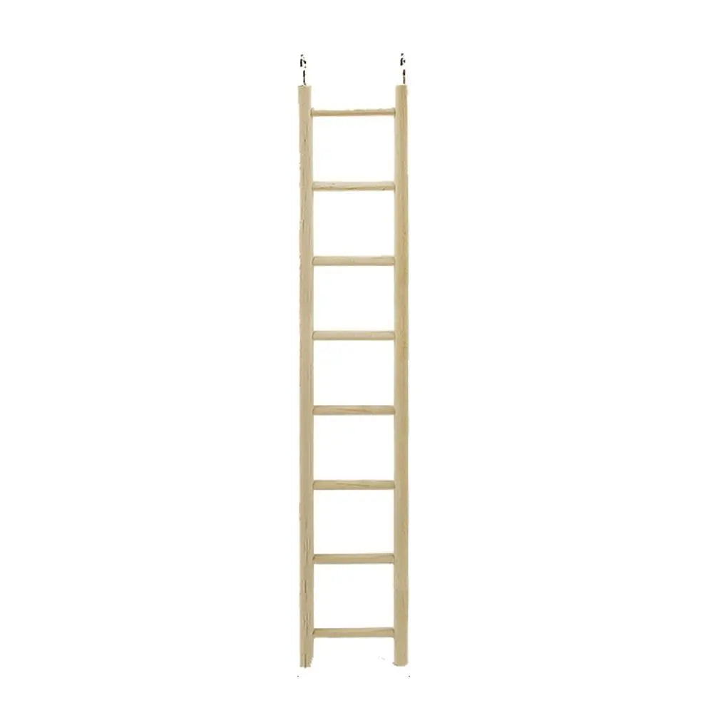 A tall wooden bird ladder with hooks for climbing and perching.