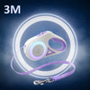 A white and purple retractable LED dog leash with a glowing strip is shown against a blue background.