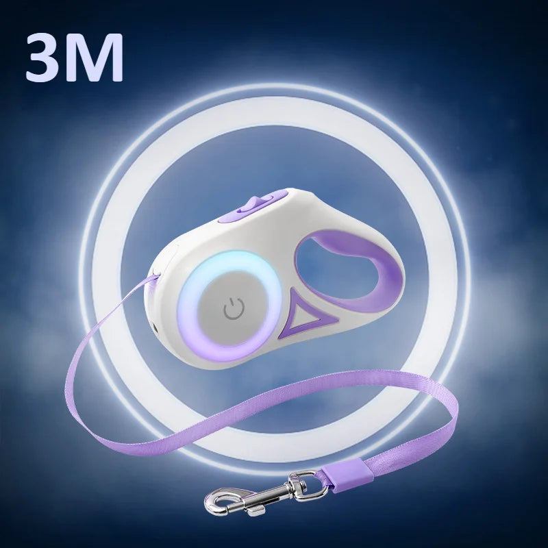 A white and purple retractable LED dog leash with a glowing strip is shown against a blue background.