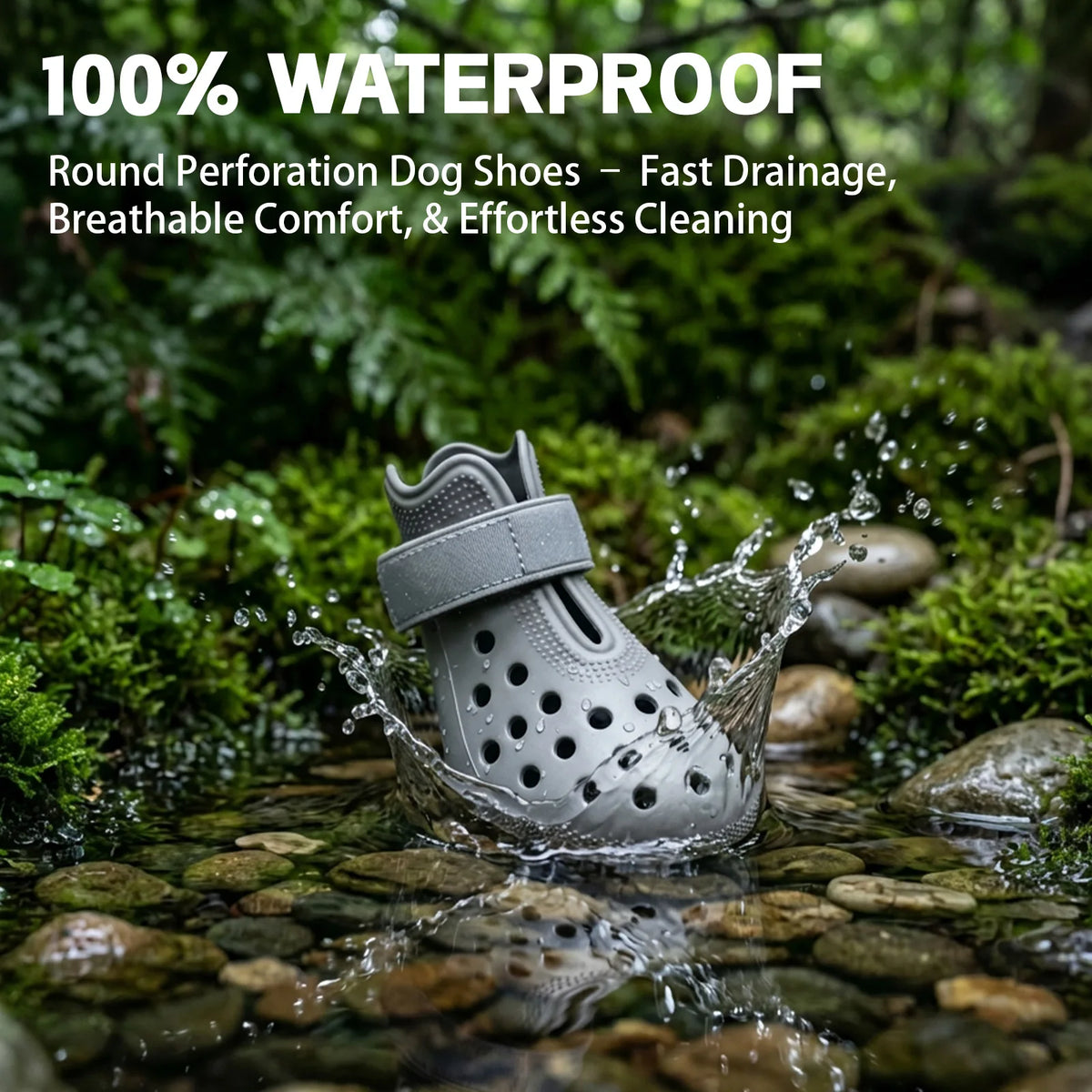 Gray silicone dog rain boots being washed in a stream over mossy rocks.