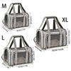 Three versions of a breathable pet carrier backpack in gray, labeled M, L, and XL, showing different dimensions.